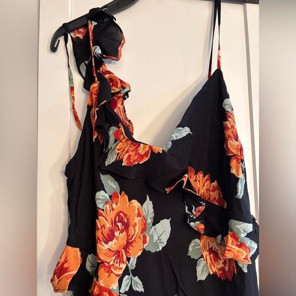 new Reformation Elysia floral print ruffle cascading gown in black orange - Picture 4 of 9